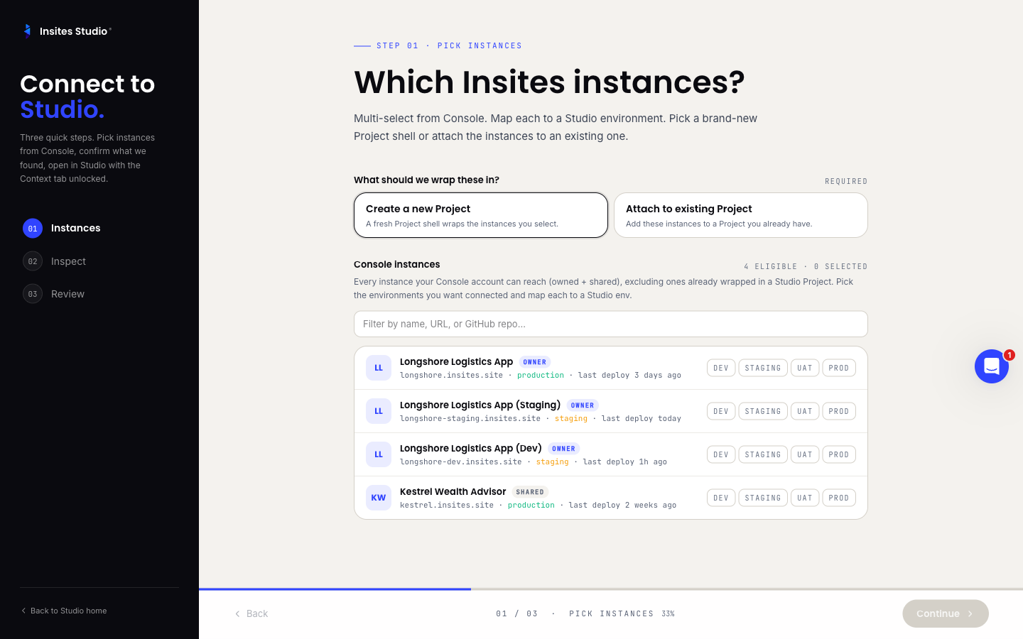 Step 1 of the Connect on-ramp listing four eligible Insites Console instances with environment chips (Dev, Staging, UAT, Prod) for each.