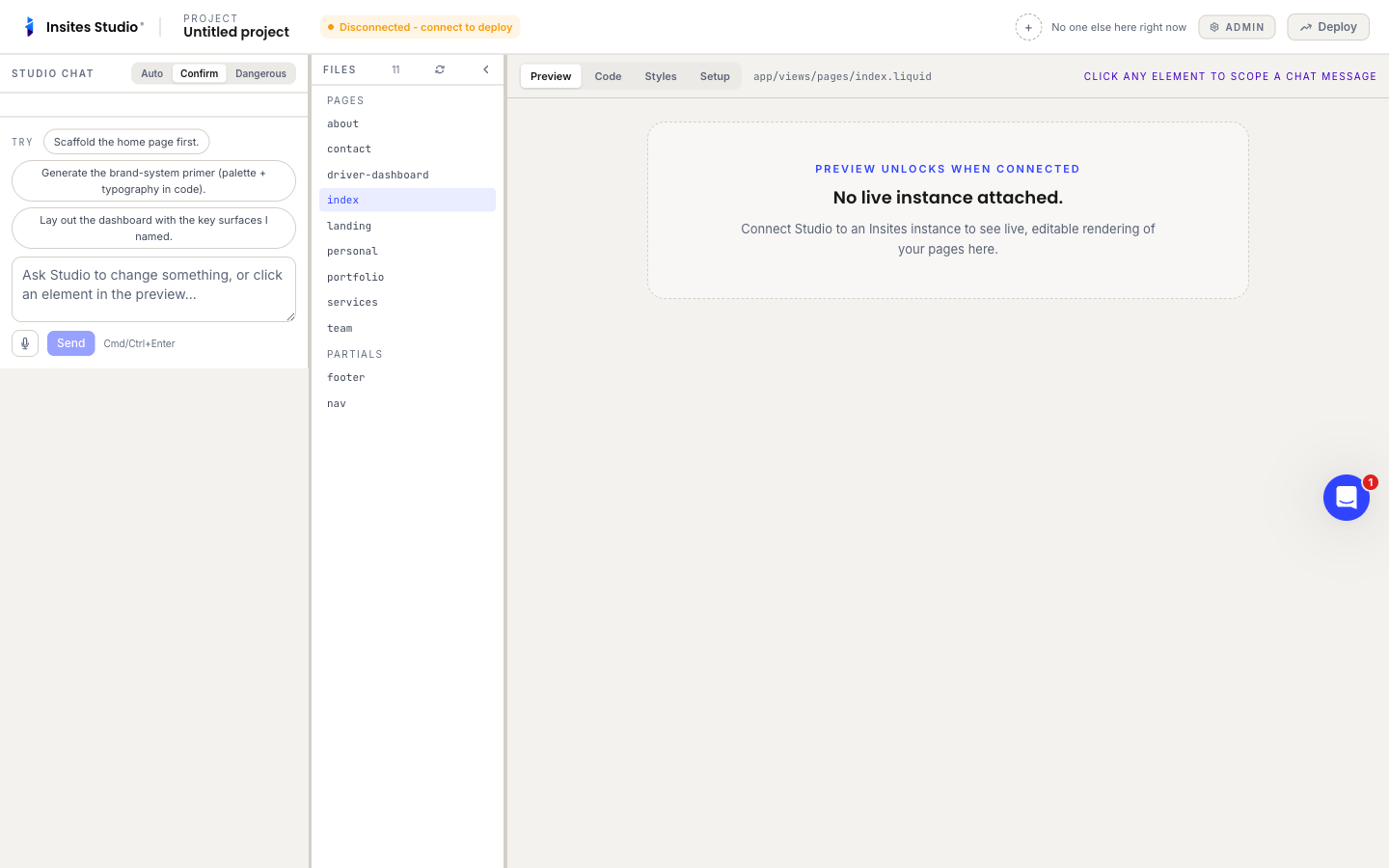 The Studio editor with chat on the left, the file tree in the centre, and the preview pane on the right showing connect-state messaging.